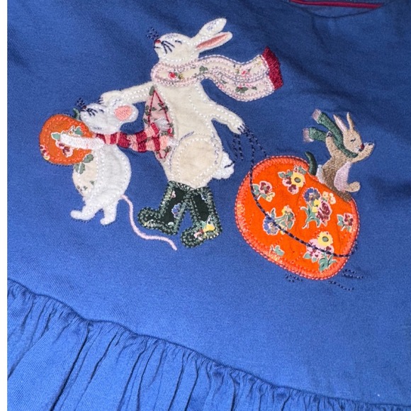 Mini Boden Girls Blue Pumpkin Bunny Applique Long Sleeve Jersey Dress 7-8Y - Picture 4 of 5